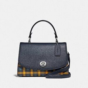 Coach Navy Tilly Top Plaid Satchel Crossbody Blue Yellow Fall Preppy Designer